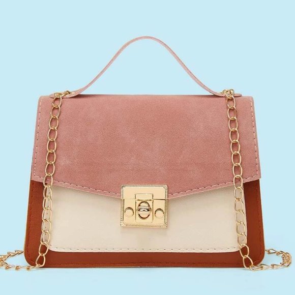 Women's Purse with Top Handle and Gold Chain Pink Brown Leather Handbag - Picture 4 of 5